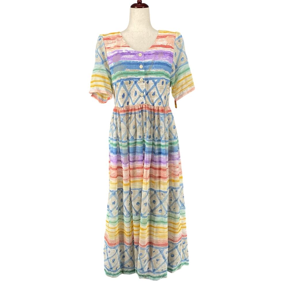 Vtg 80s 90s Two Potato Artsy A Line Midi Dress M Petite Sheer NOS Coastal Pastel